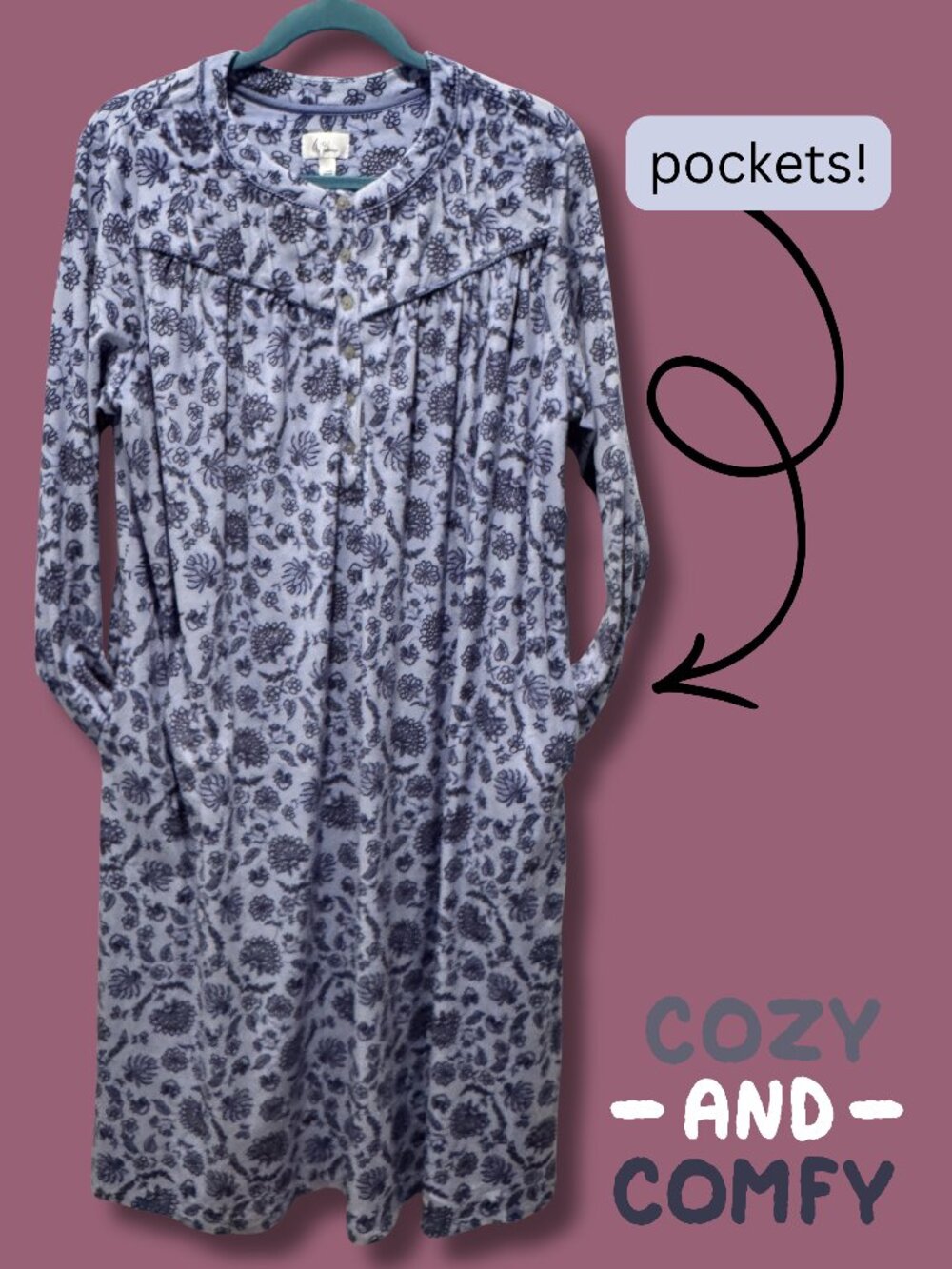 Aria Collection Blue Floral Fleece Nightgown NWT Women's Large Soft Cozy